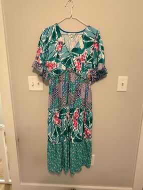 Umgee Teal Floral Patchwork Maxi Dress with Pink Accents
